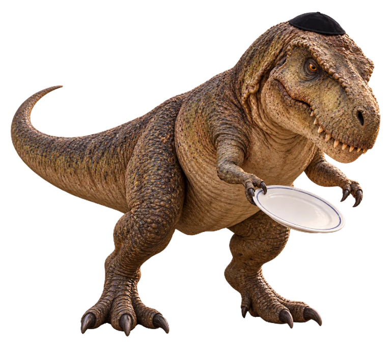 JREX, a tyrannosaurus wearing a kippah, carefully holding a white dinner plate