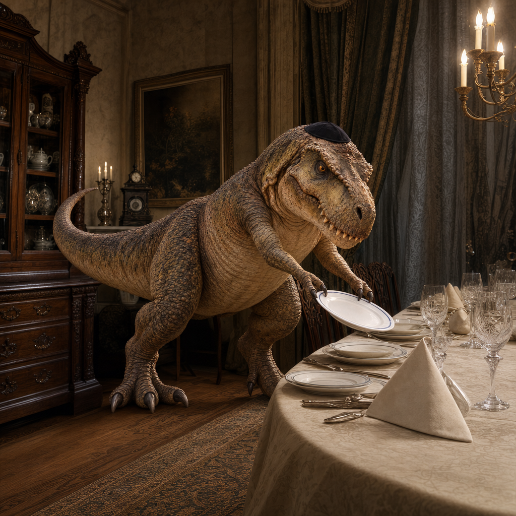 JREX in a candlelit dining room, setting a long table with china plates and crystal glasses